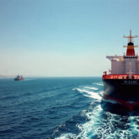 Oil tanker navigating the Strait of Hormuz with coastline in background