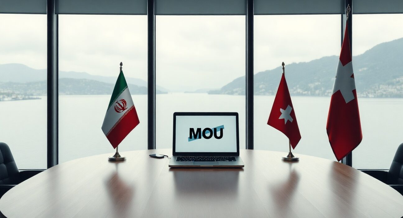Empty diplomatic conference room in Switzerland with Iranian and Swiss flags, laptop displaying MOU document.