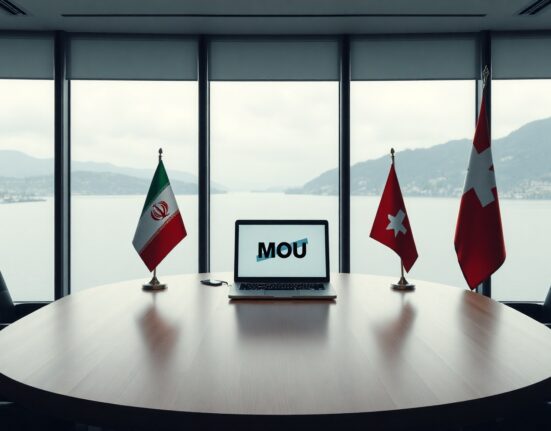 Empty diplomatic conference room in Switzerland with Iranian and Swiss flags, laptop displaying MOU document.