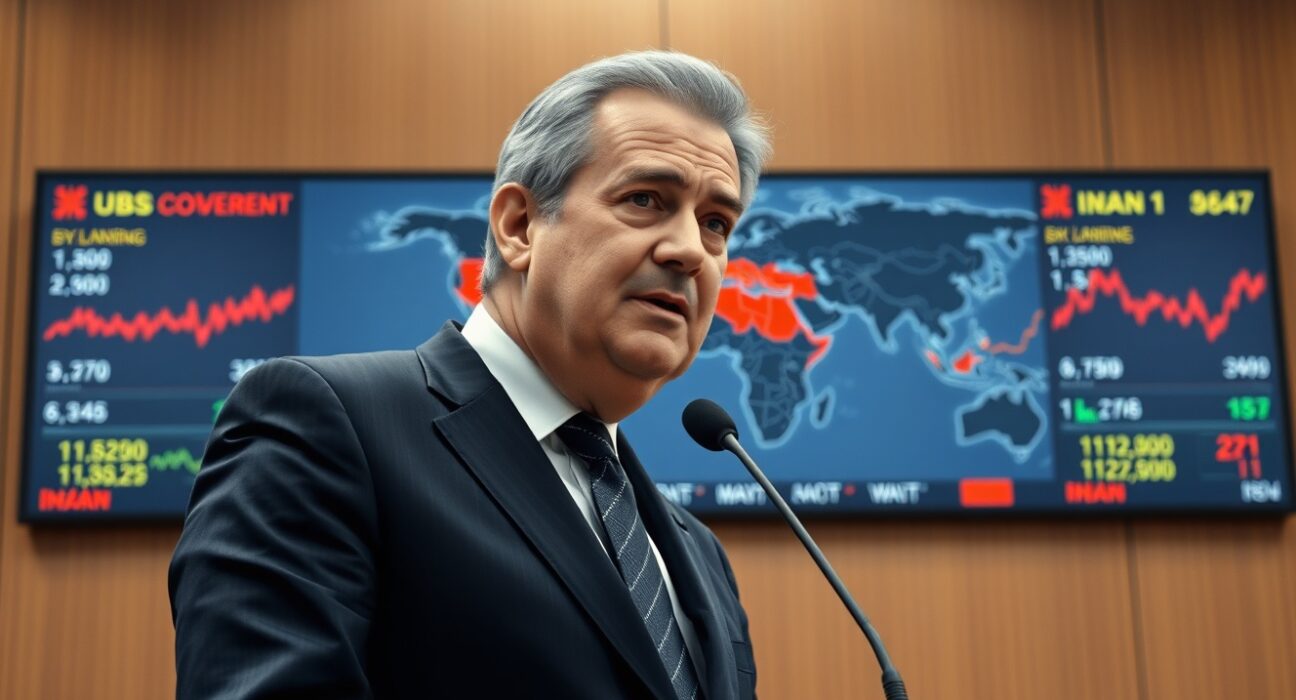 UBS CEO Sergio Ermotti warns of Iran conflict market optimism at a press conference