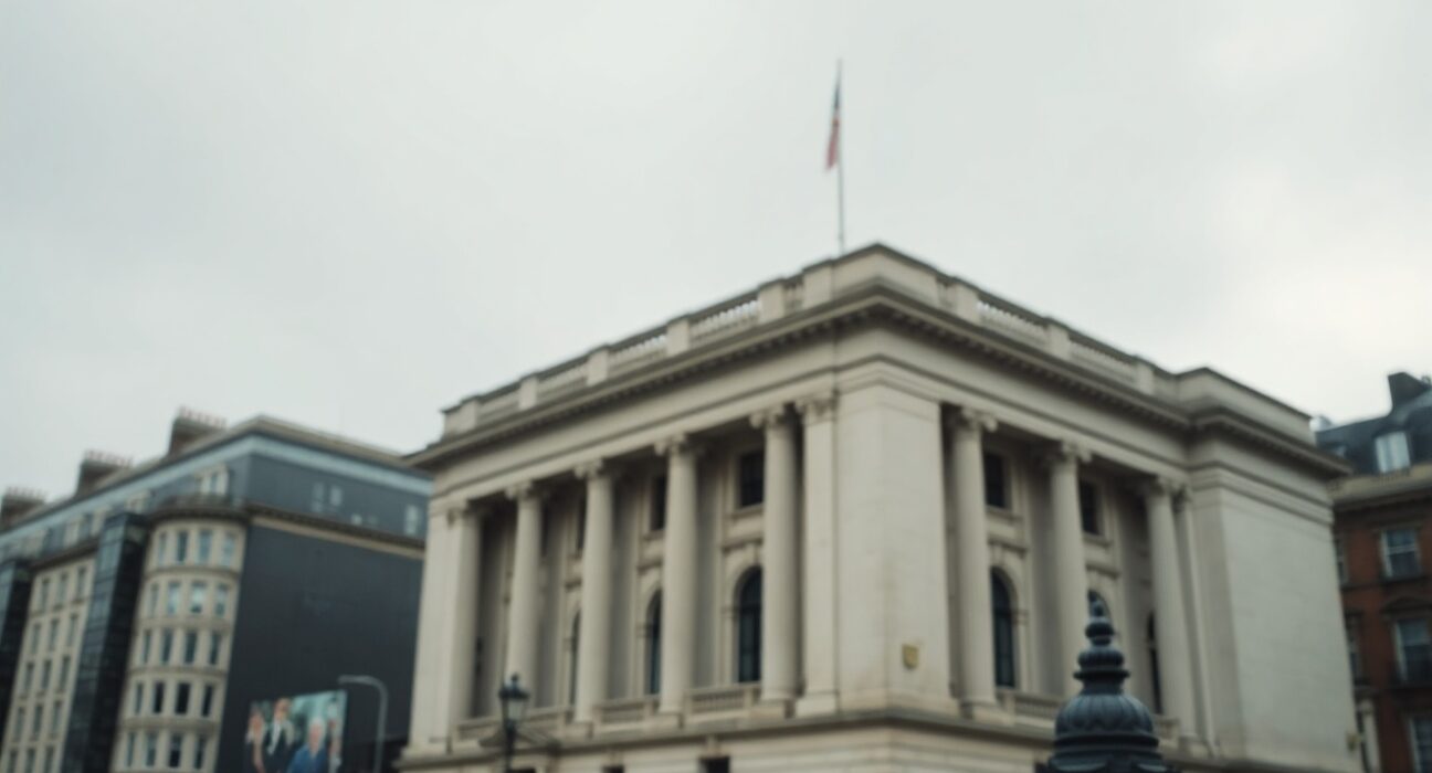 Bank of England building in London under cloudy sky, representing UK economic outlook amid Iran conflict.