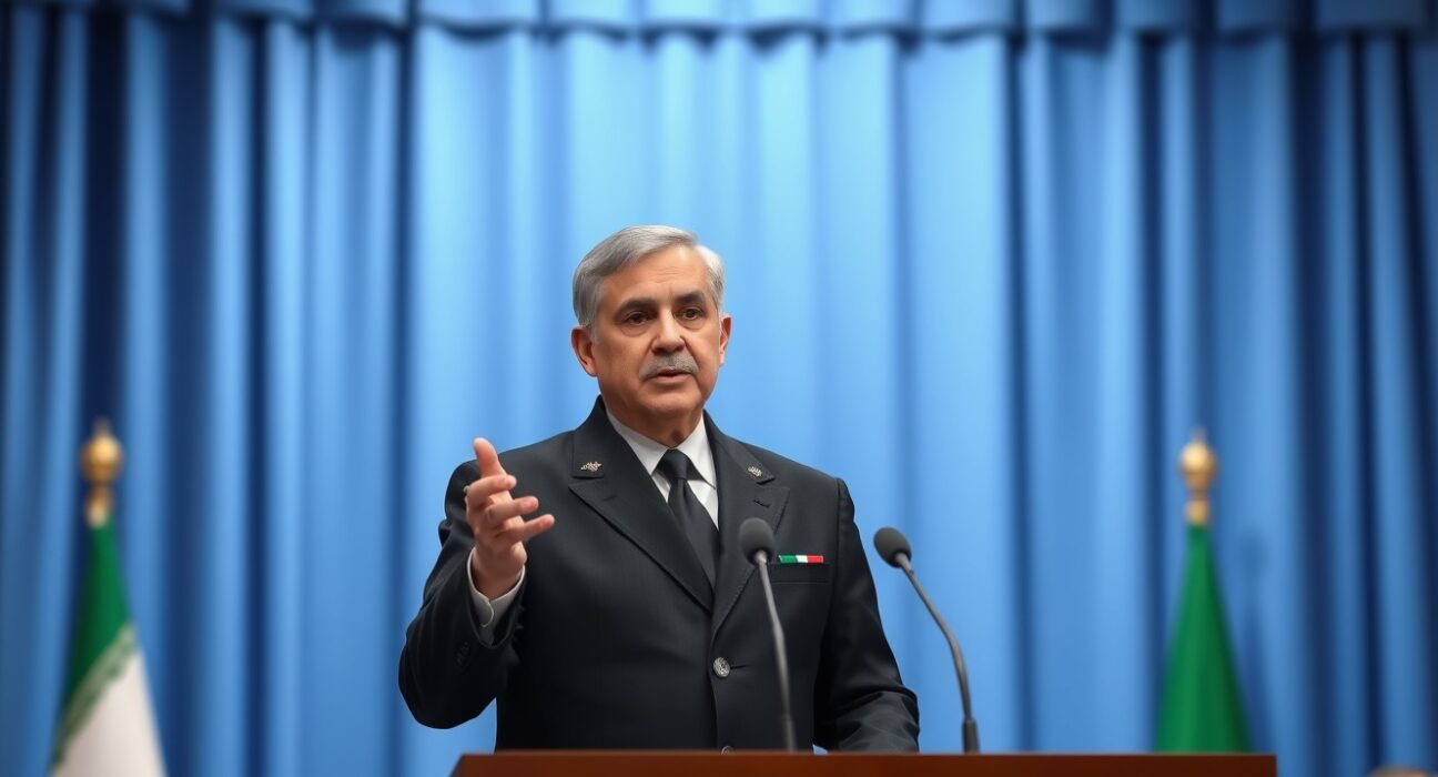 Iranian spokesperson announcing shift to constant military strikes policy during press briefing