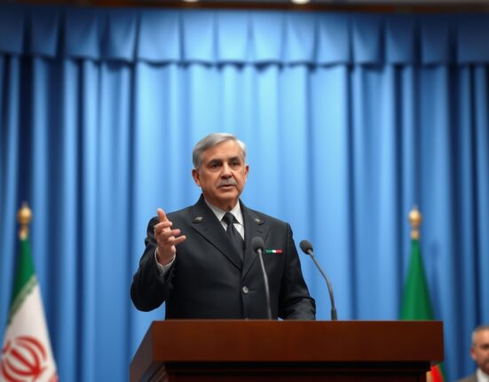 Iranian spokesperson announcing shift to constant military strikes policy during press briefing