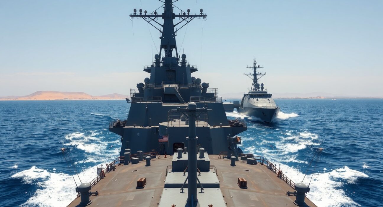 US Navy and Iranian naval vessels in a tense standoff in the Strait of Hormuz over a vessel blockade.