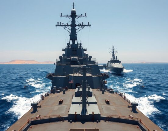 US Navy and Iranian naval vessels in a tense standoff in the Strait of Hormuz over a vessel blockade.