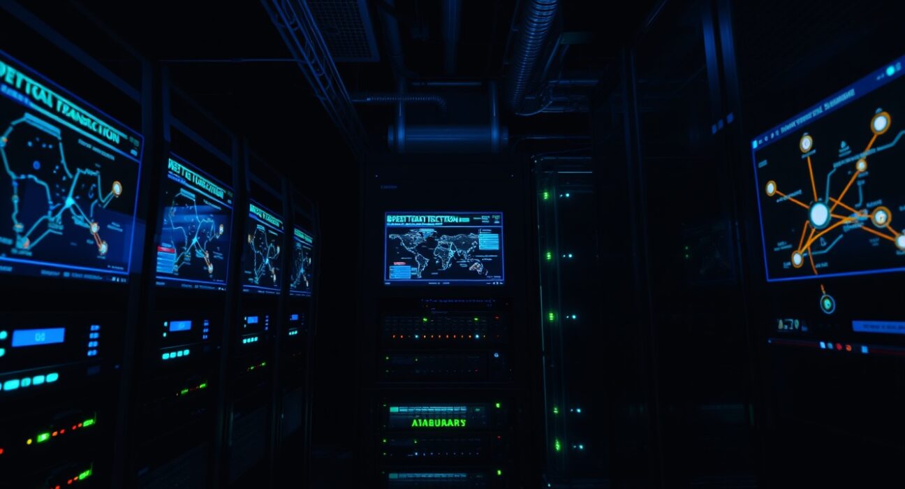 Server room with cryptocurrency transaction data on screens, representing blockchain fund flows