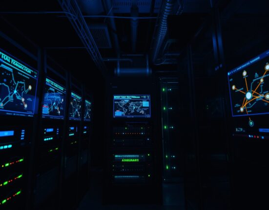 Server room with cryptocurrency transaction data on screens, representing blockchain fund flows