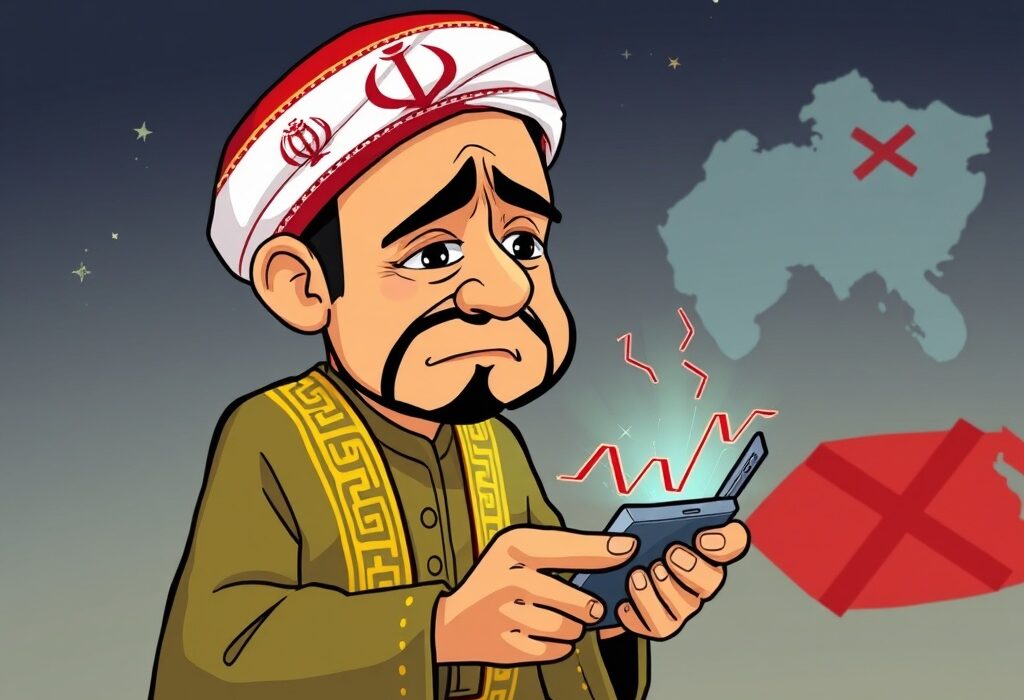 A cartoon showing a worried investor as the Iran crypto market experiences a downturn due to external conflicts and security breaches.