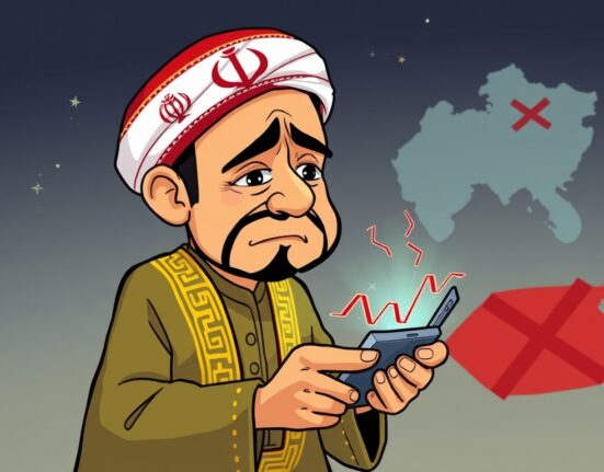 A cartoon showing a worried investor as the Iran crypto market experiences a downturn due to external conflicts and security breaches.