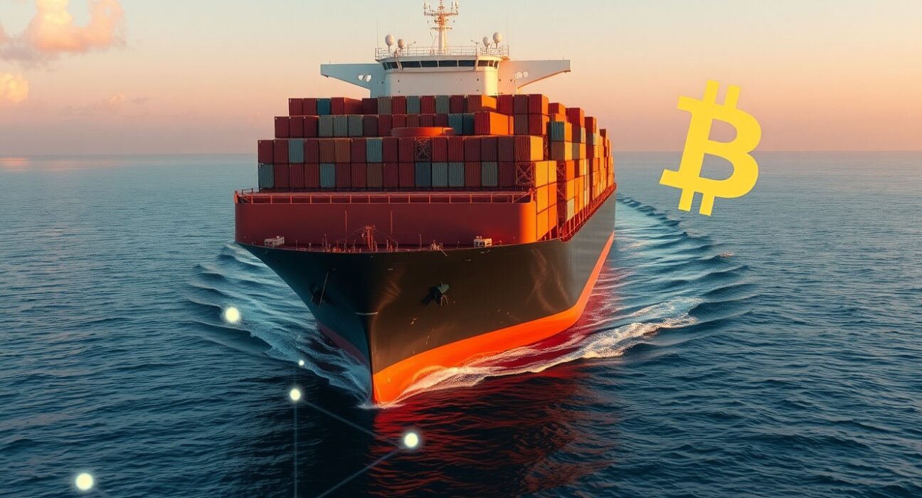 Cargo ship in Strait of Hormuz with digital blockchain overlay symbolizing cryptocurrency use in trade fees