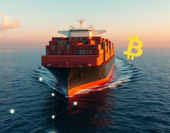 Cargo ship in Strait of Hormuz with digital blockchain overlay symbolizing cryptocurrency use in trade fees