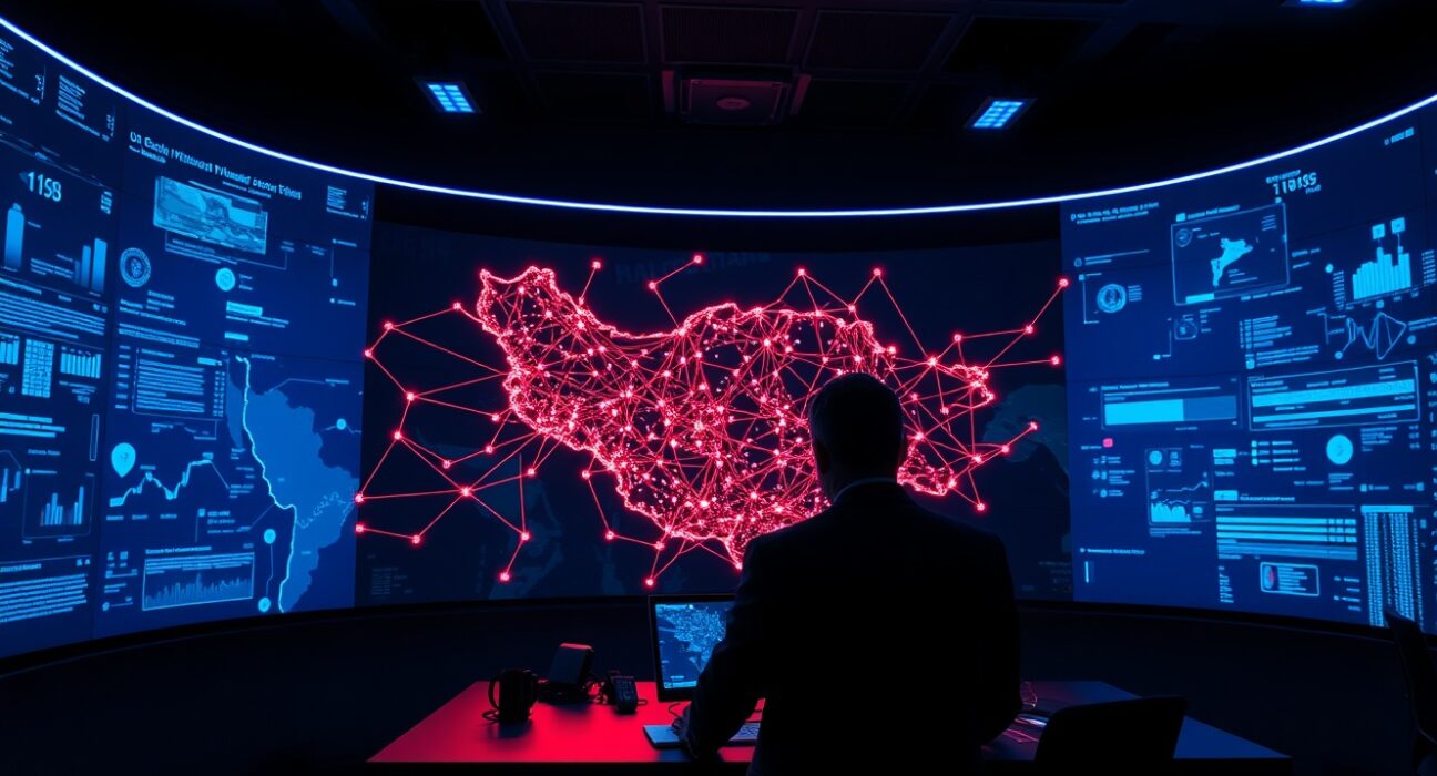 Analysts monitoring a digital map of Iran with blockchain transaction data in a high-tech surveillance control room.