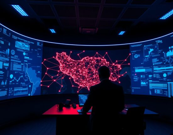Analysts monitoring a digital map of Iran with blockchain transaction data in a high-tech surveillance control room.