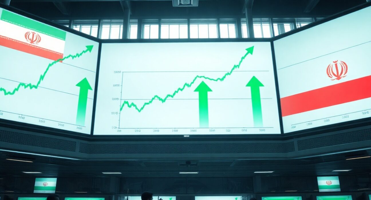 Trading floor with screens showing market gains as Iran de-escalation boosts risk appetite