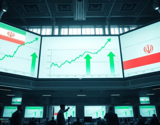 Trading floor with screens showing market gains as Iran de-escalation boosts risk appetite