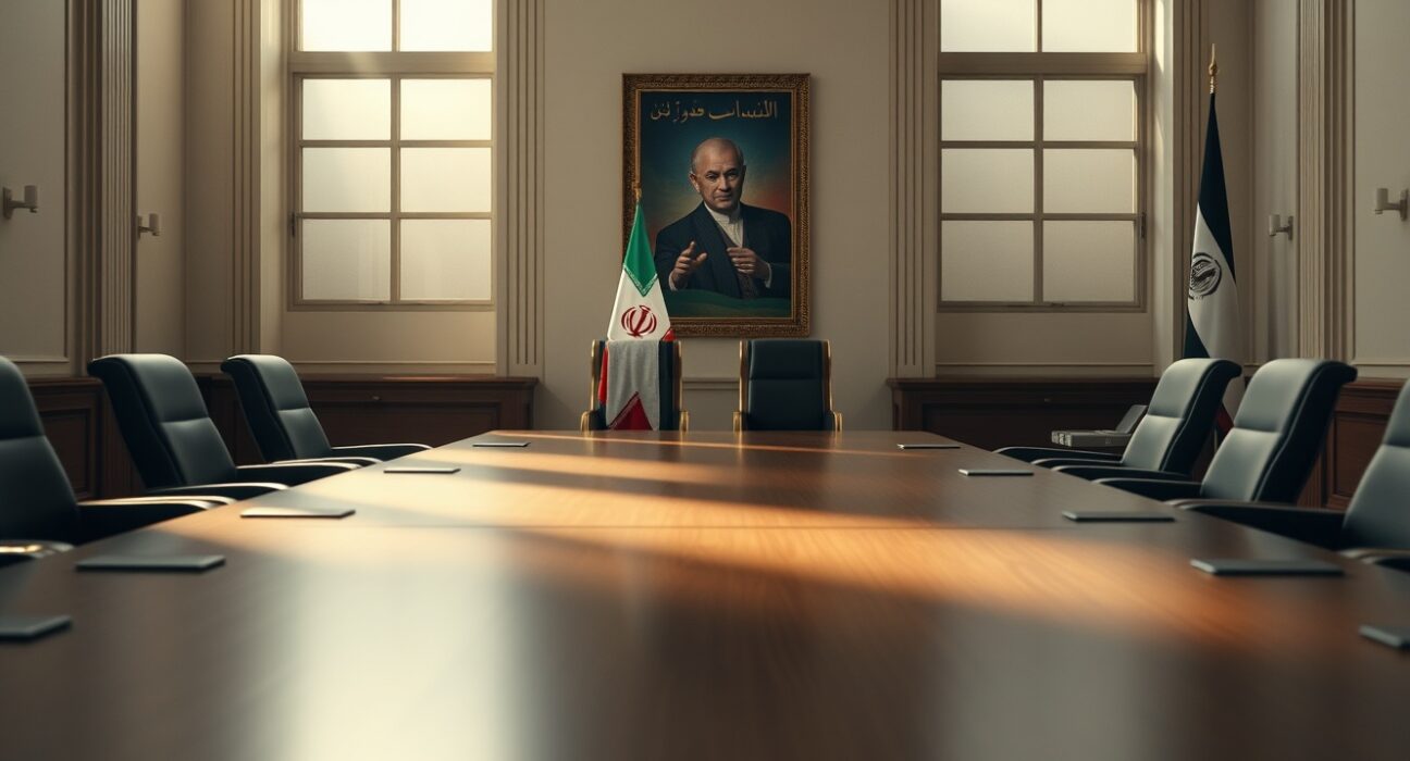 Empty negotiation table with Iranian flag, representing stalled nuclear talks