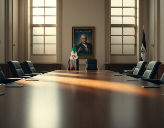 Empty negotiation table with Iranian flag, representing stalled nuclear talks
