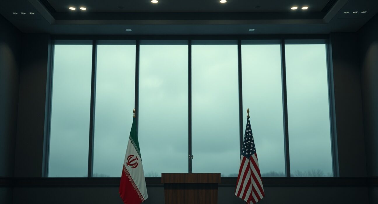 Iran and US flags in a dimly lit meeting room, symbolizing geopolitical tension and the potential for diplomatic or military confrontation.