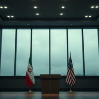 Iran and US flags in a dimly lit meeting room, symbolizing geopolitical tension and the potential for diplomatic or military confrontation.