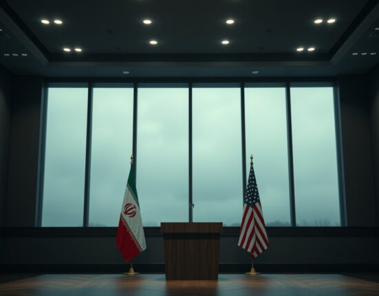 Iran and US flags in a dimly lit meeting room, symbolizing geopolitical tension and the potential for diplomatic or military confrontation.