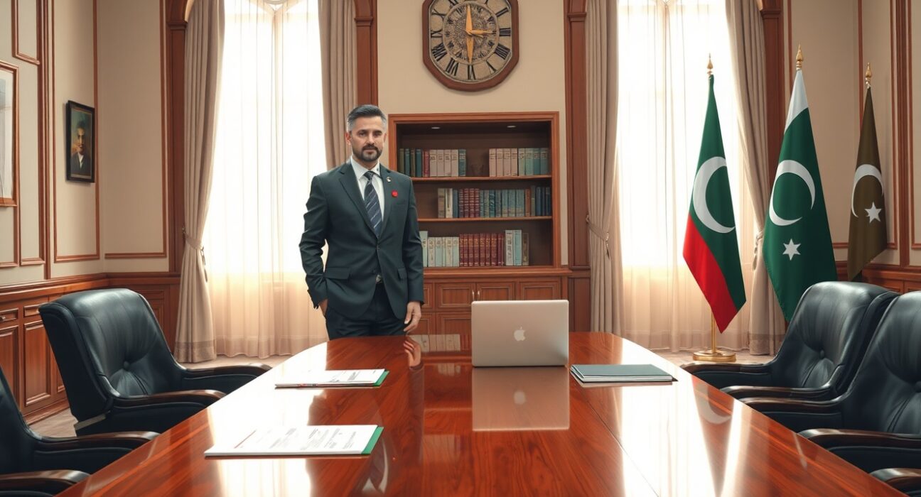 Iranian and Pakistani diplomats discussing peace talks in Islamabad meeting room