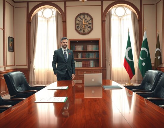 Iranian and Pakistani diplomats discussing peace talks in Islamabad meeting room