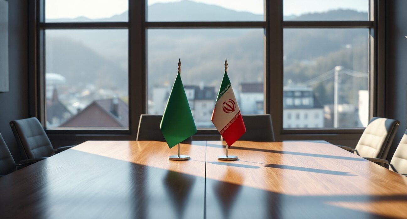 Diplomatic meeting room in Switzerland with Iranian and Swiss flags before nuclear talks