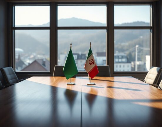 Diplomatic meeting room in Switzerland with Iranian and Swiss flags before nuclear talks