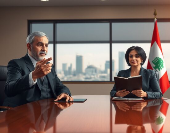 Diplomatic meeting between Iranian and Lebanese officials discussing ceasefire demands.