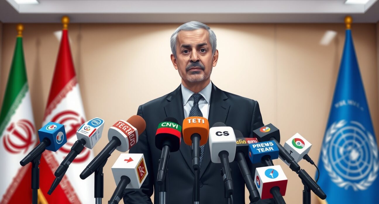 Iranian Foreign Ministry spokesperson addressing media about unconfirmed ceasefire reports.