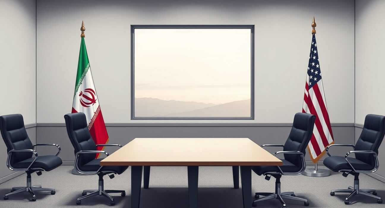 Empty negotiation table with Iranian and US flags representing Iran's denial of direct talks with the US