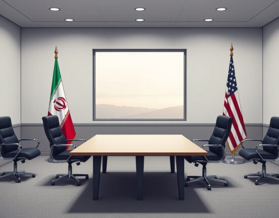 Empty negotiation table with Iranian and US flags representing Iran's denial of direct talks with the US