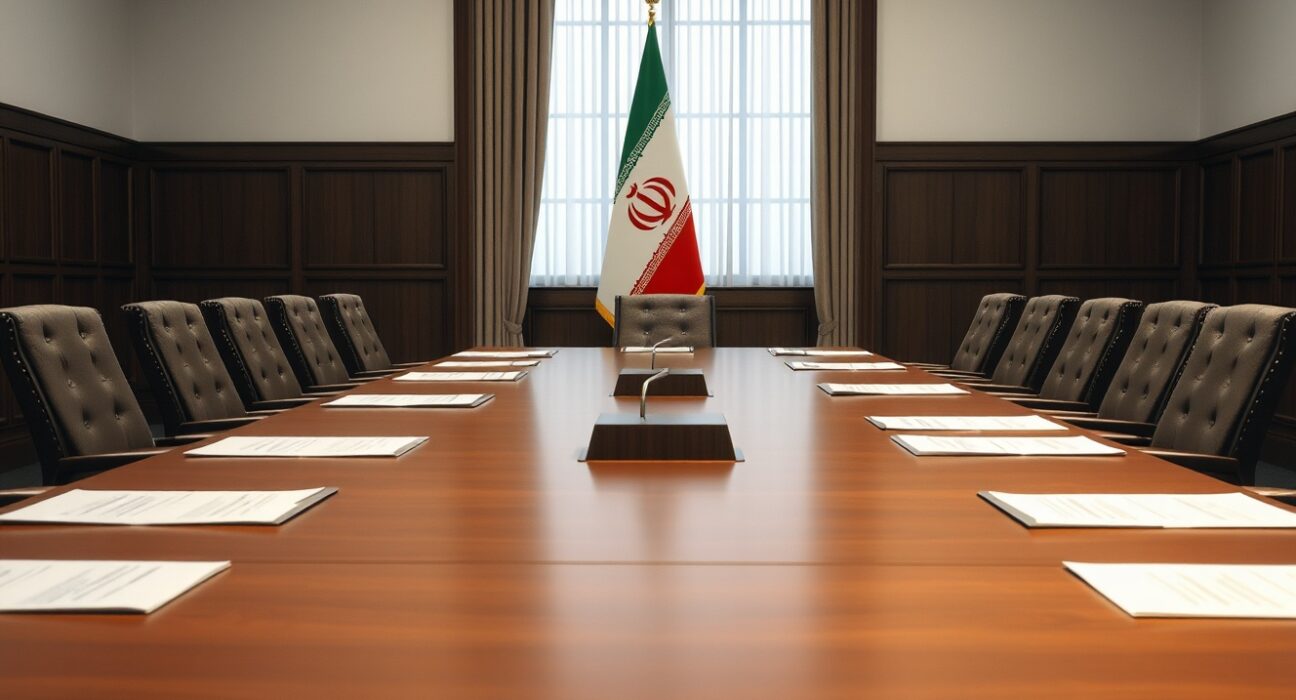 Empty negotiation table with Iranian flag in background, representing ongoing diplomatic talks.