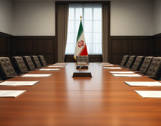Empty negotiation table with Iranian flag in background, representing ongoing diplomatic talks.