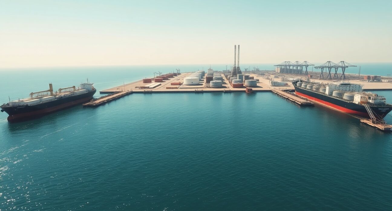 Aerial view of Kharg Island oil terminal with tankers at dock in the Persian Gulf