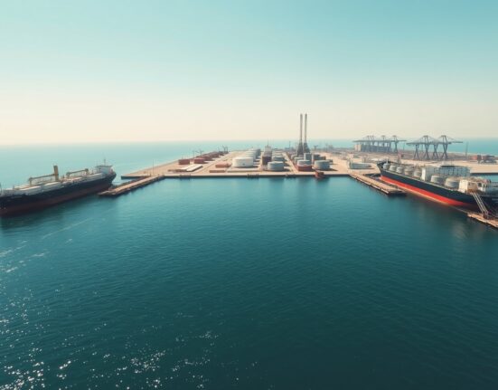 Aerial view of Kharg Island oil terminal with tankers at dock in the Persian Gulf