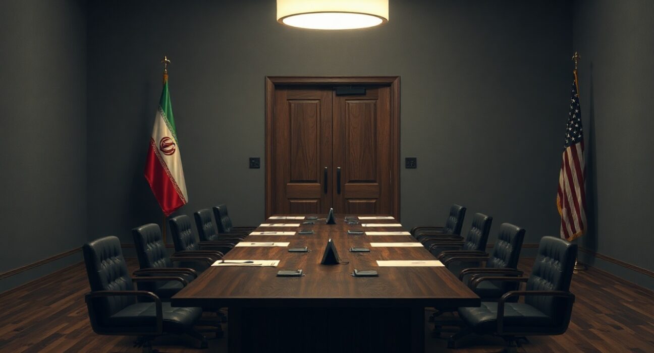 Diplomatic meeting room with Iranian and American flags representing nuclear negotiations