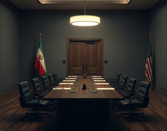 Diplomatic meeting room with Iranian and American flags representing nuclear negotiations