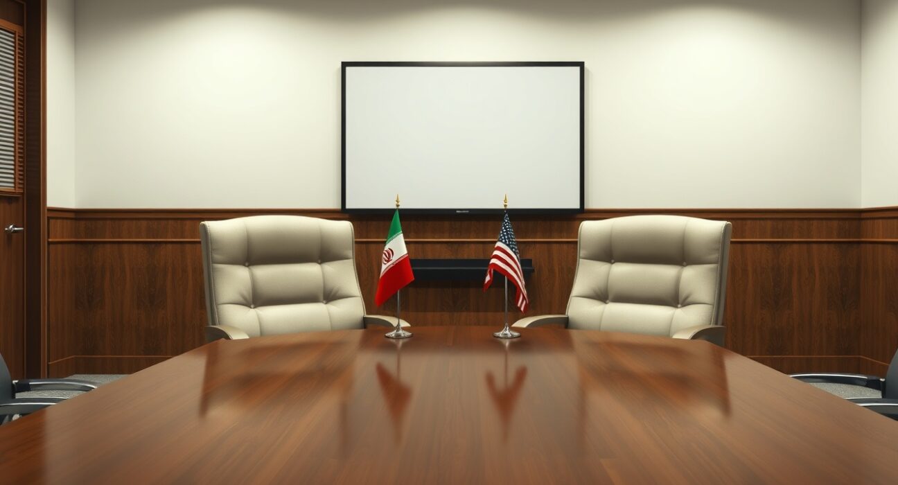 Empty negotiation table with Iranian and US flags symbolizes the denied diplomatic talks between the two nations.