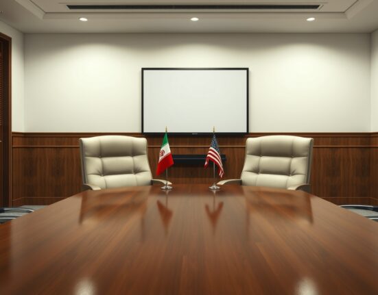 Empty negotiation table with Iranian and US flags symbolizes the denied diplomatic talks between the two nations.