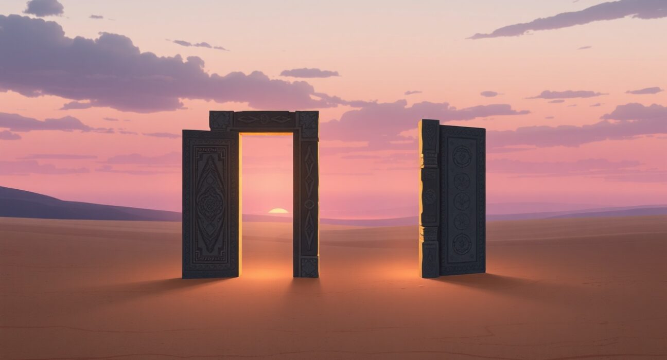 Symbolic representation of stalled Iran US talks as ancient doors in a desert