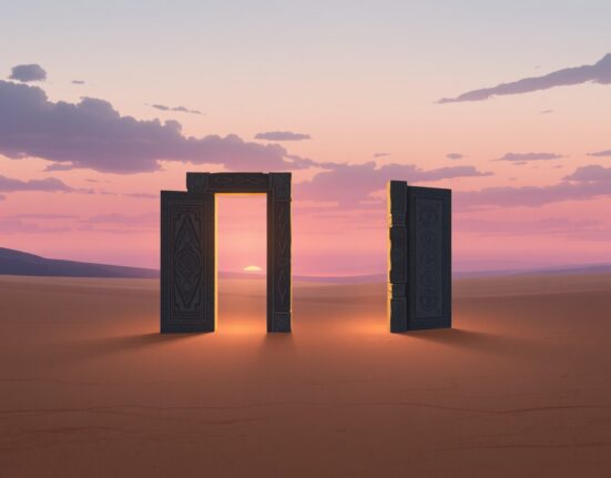 Symbolic representation of stalled Iran US talks as ancient doors in a desert