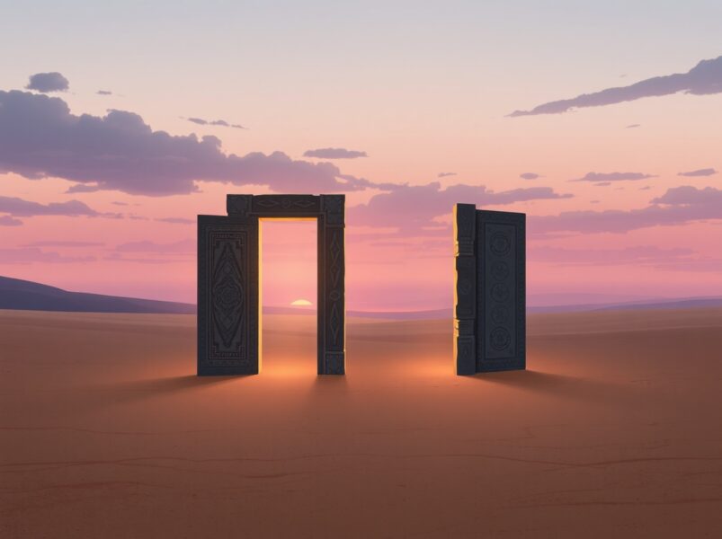Symbolic representation of stalled Iran US talks as ancient doors in a desert