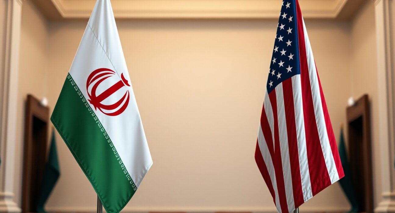 Iran and US flags symbolizing diplomatic tensions and denied talks following Trump's remarks.