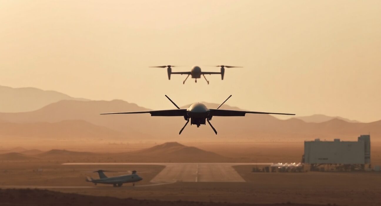A drone flying over a desert military base at dawn, representing the reported Iranian drone attack on a U.S. base in Kuwait.