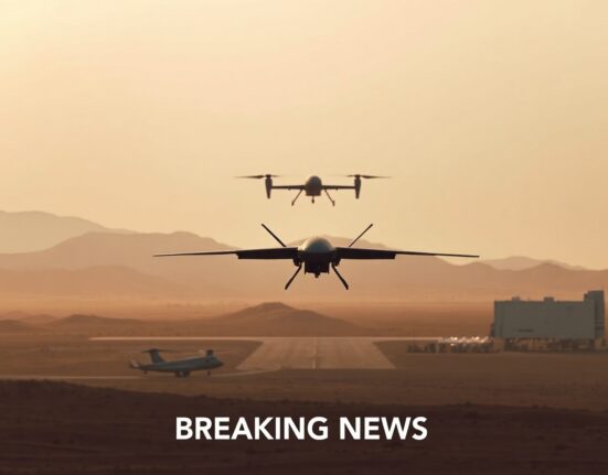 A drone flying over a desert military base at dawn, representing the reported Iranian drone attack on a U.S. base in Kuwait.