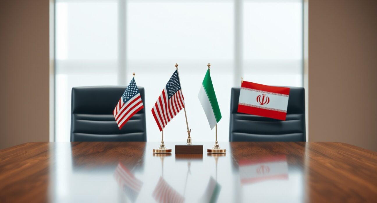Diplomatic setting with U.S. and Iranian flags on a table in a conference room