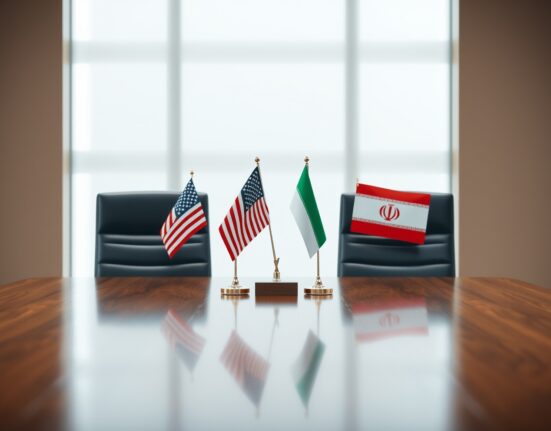 Diplomatic setting with U.S. and Iranian flags on a table in a conference room