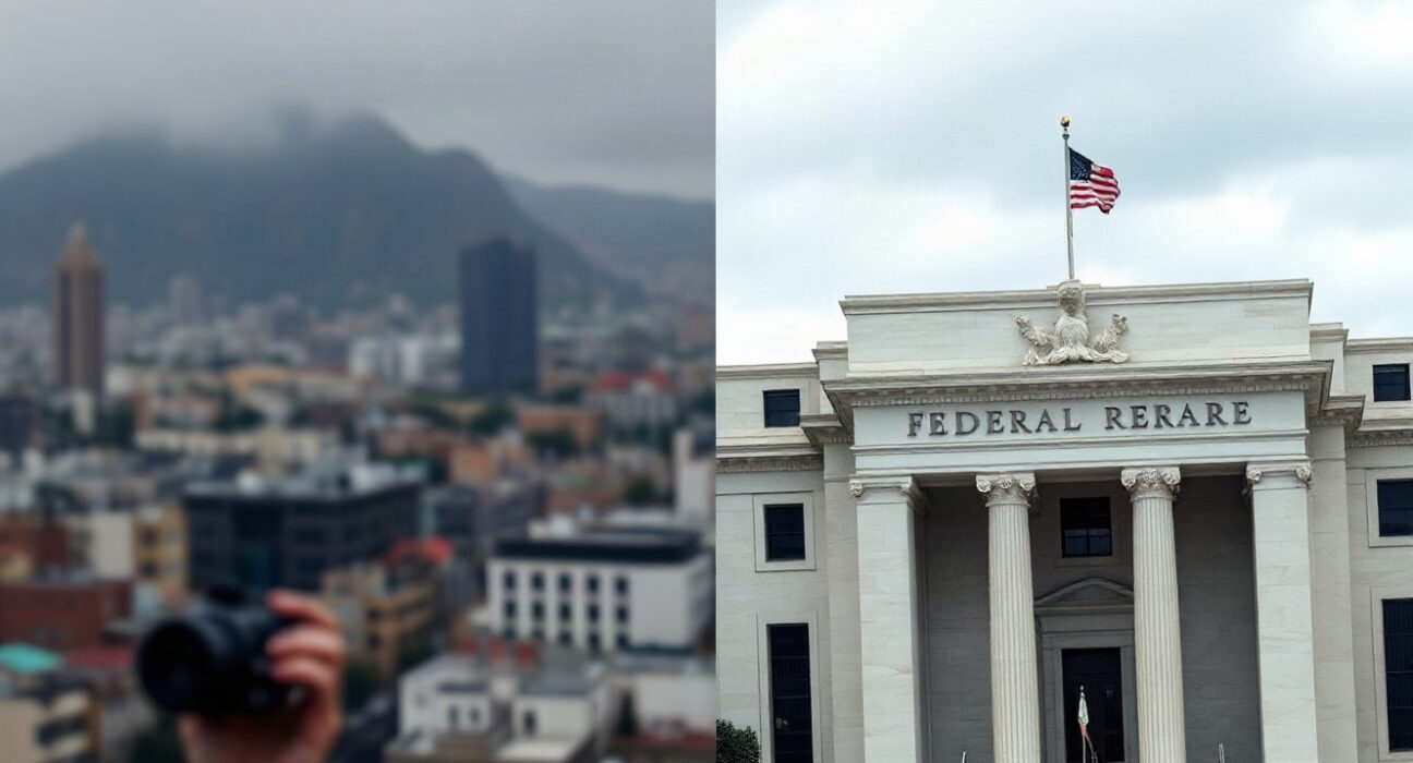 Federal Reserve building and Middle Eastern skyline representing geopolitical and monetary policy uncertainty