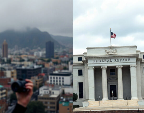 Federal Reserve building and Middle Eastern skyline representing geopolitical and monetary policy uncertainty